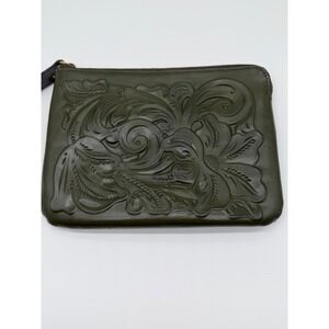 Patricia Nash Olive Green Embossed Floral Leather Clutch Wristlet Pouch